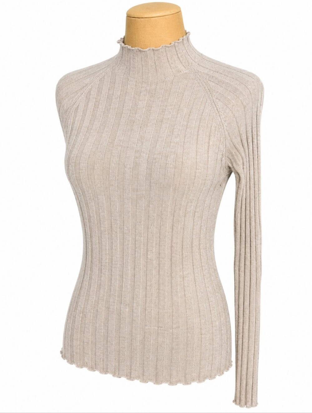Mango Ribbed Mock Neck Knit Sweater Beige Size S